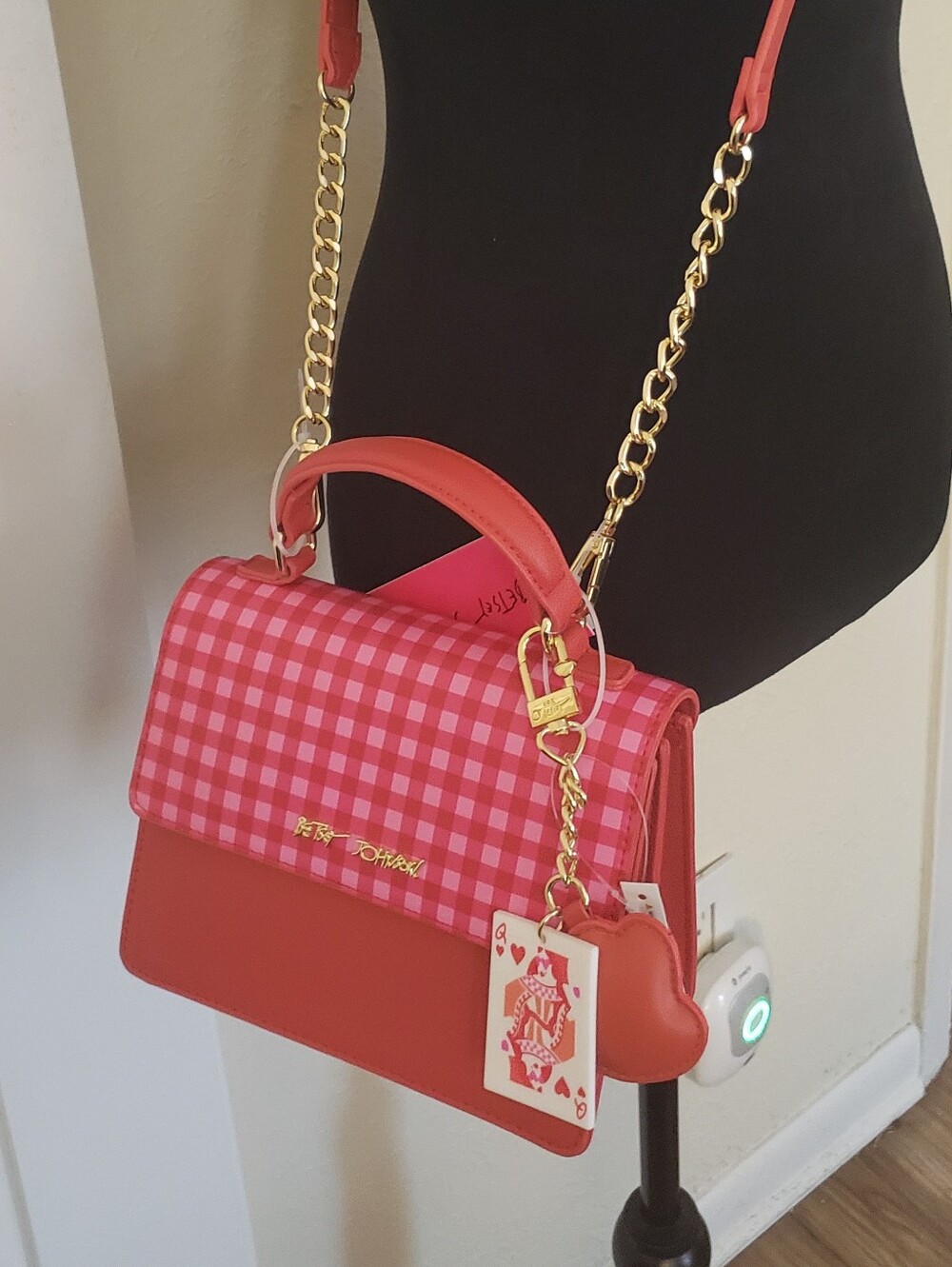 Betsey Johnson Red & Pink Gingham Top-Handle Satchel with Gold Chain - Picture 1 of 12